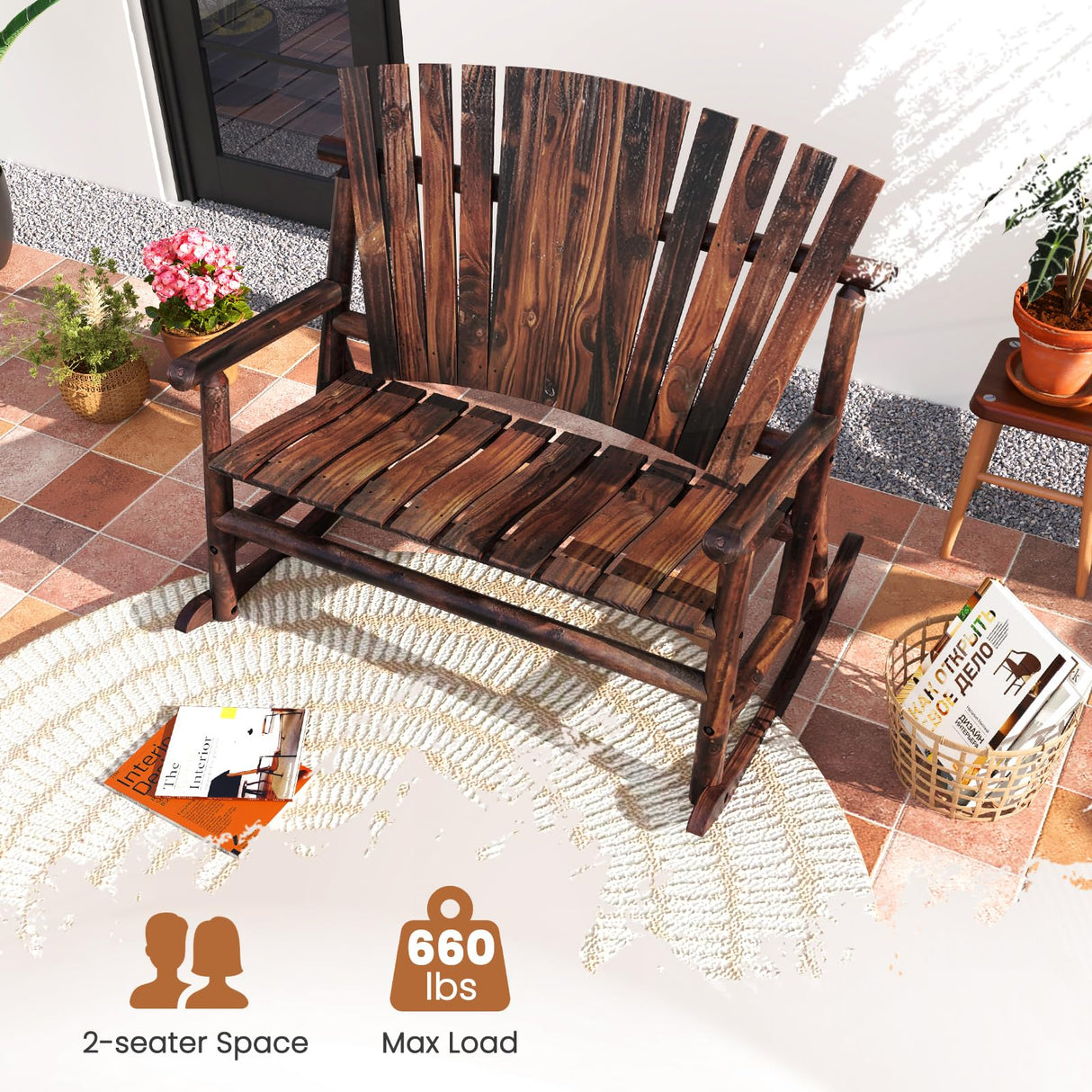 Tangkula 2-Person Wood Outdoor Rocking Chair, Outside Adirondack Rocker with High Back and Slatted Seat, Oversized Porch Rocking Chair for Balcony, Garden, Backyard, Patio Tangkula