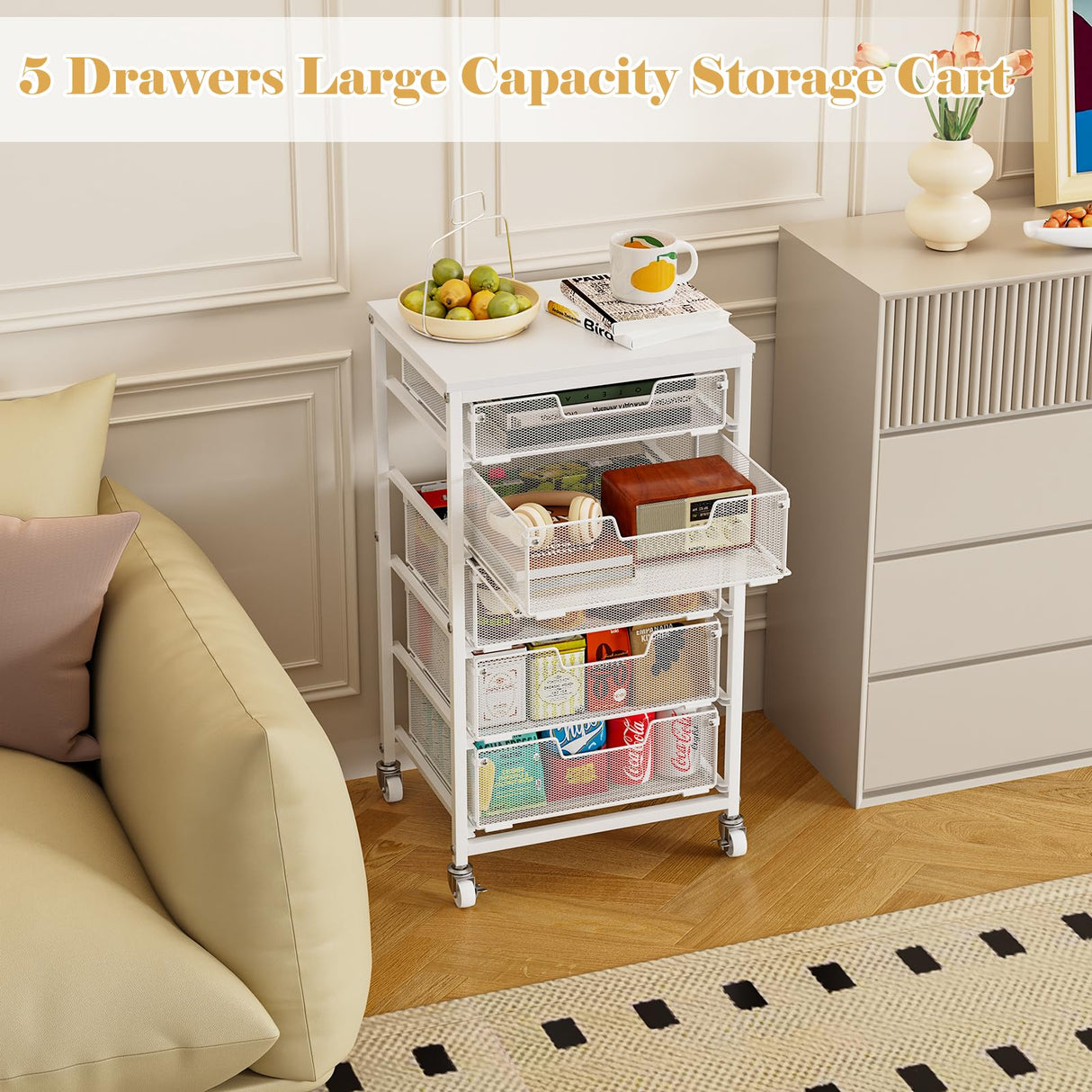 Sbanmao Utility Cart with 5 Drawers, Rolling Storage Cart with Wooden Tabletop and Lockable Wheels, Storage Drawer Cart Craft Cart for Bedroom, Classroom, Home, Office, White Sbanmao