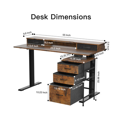 REGISDESK Electric Standing Desk with Cabinet, 55 x 24 Inches Height Adjustable Desk with Drawers, Sit Stand Desk Adjustable Desk Adjustable Height, Rustic Brown - WoodArtSupply