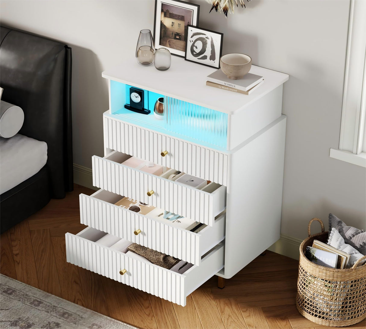 ChooChoo Dresser for Bedroom with Large Capacity, 4 Drawer Dresser with LED and Acrylic, Modern White and Gold Dresser Tall, Chest of Drawers with Storage Space for Hallway, Entryway (White) ChooChoo