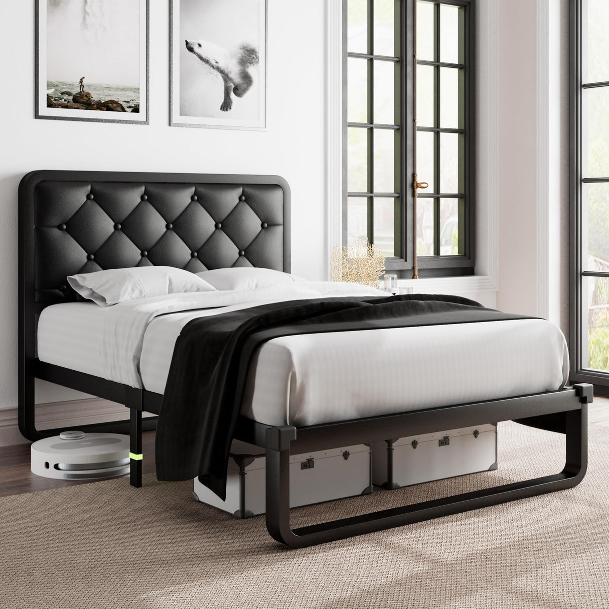 Feonase Twin Bed Frame, Upholstered Platform Bed Frame with Heavy-Duty Steel Slats, Diamond Tufted Headboard, 12" Storage Space, No Box Spring Needed, Noise Free, Easy Assembly, Black Feonase