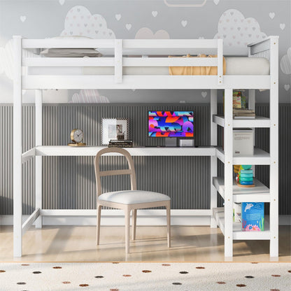 Merax Wood Loft Bed with Desk and Shelves : Full Size Loft Bed with 4-Storage Shelves and Under-Bed Desk,Solid Wood Bed, Full Size,White Color