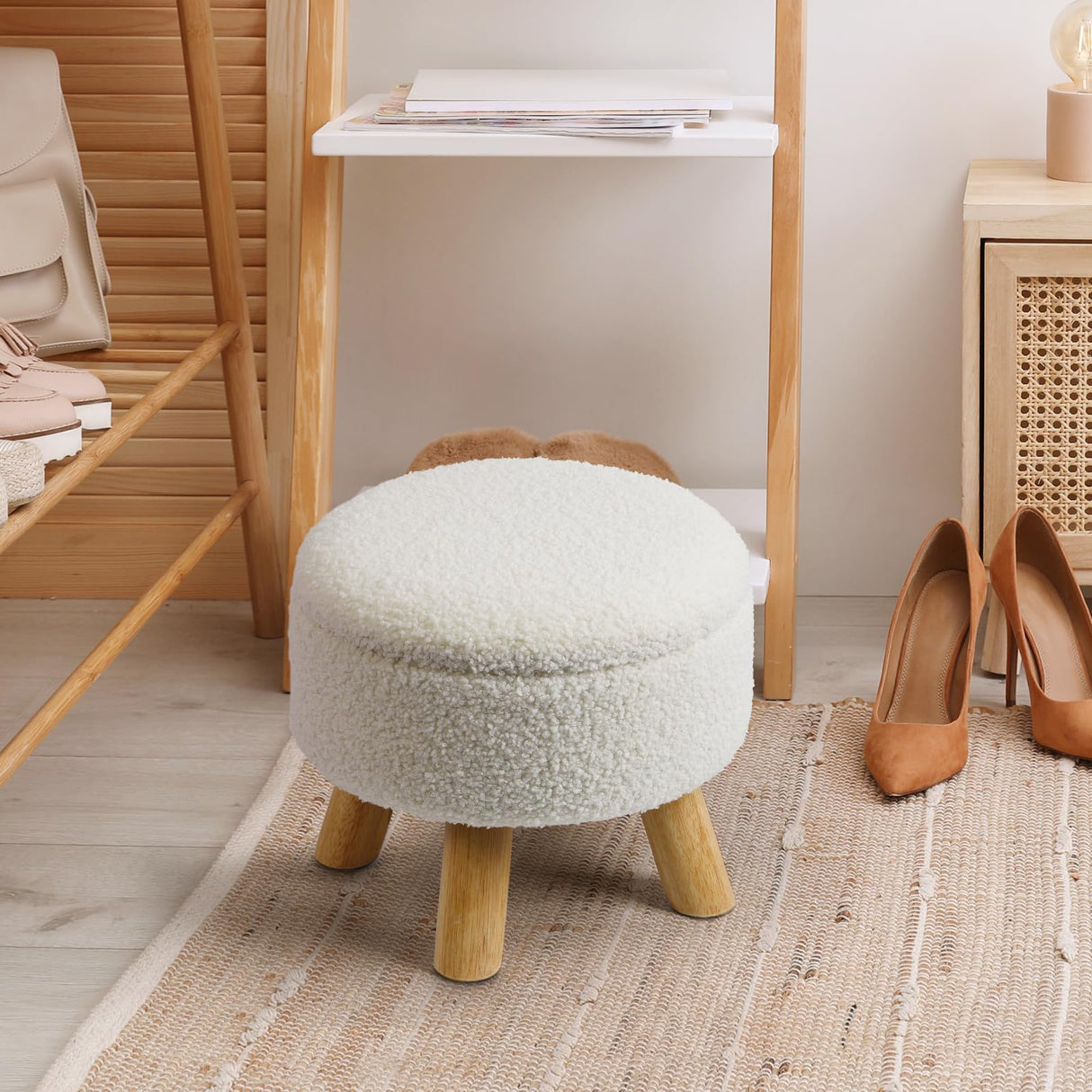 OGEMXU Ottoman Foot Rest, Small Round Ottoman with Storage, Boucle Teddy Velvet Footstool with Wood Legs, Soft Sponge Storage Ottoman for Living Room, Bedroom, Couch, Enterway (Cream) OGEMXU