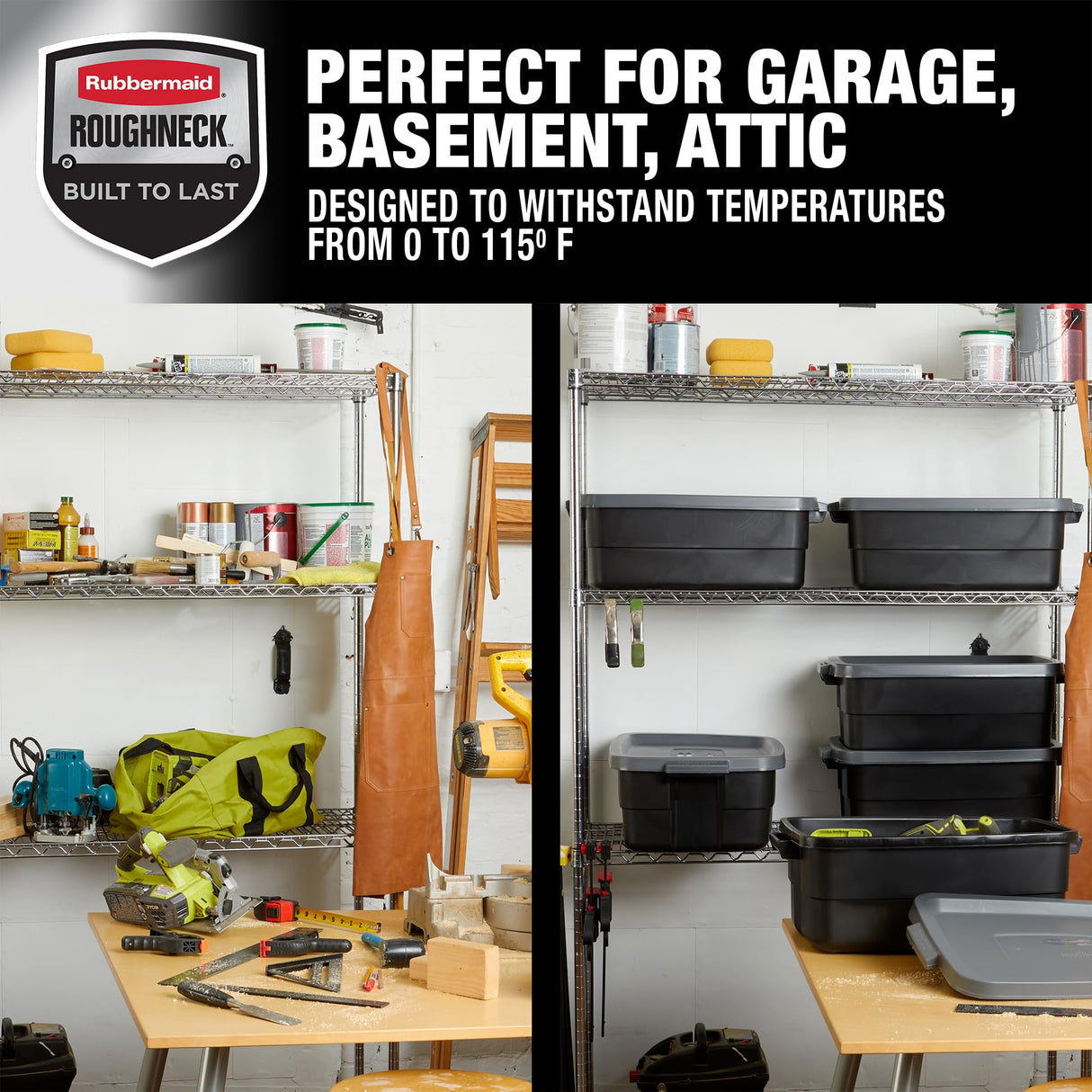 Rubbermaid 6-Pack Totes for Storage with Lids, Heavy Duty Plastic Storage Bins with Lids, Black Gray, 10 GAL - Stackable for Garage, Attic, Camping (10 GAL - 6 Pack Solid Black and Grey) Rubbermaid