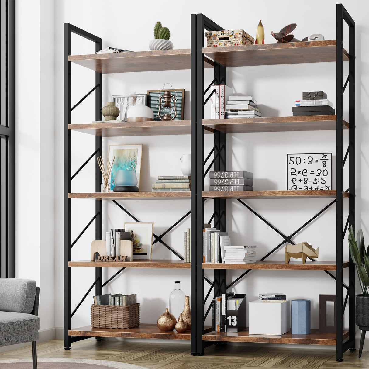 5 Tiers Bookshelf, Classically Tall Bookcase Shelf, Industrial Book Rack, Modern Book Holder in Bedroom/Living Room/Home/Office, Storage Rack Shelves for Book, Brown Shintenchi