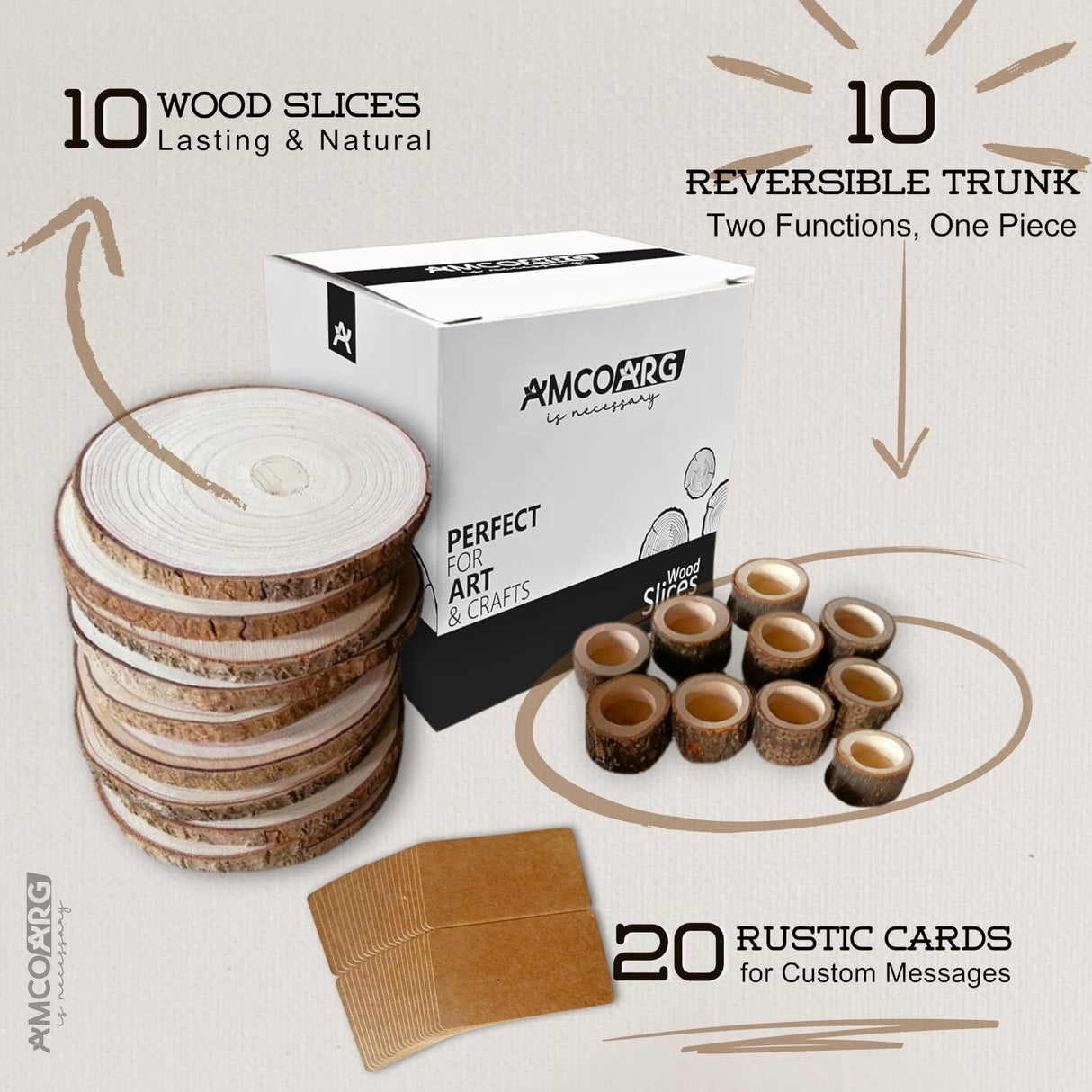 10 Pcs Wood slices for centerpieces 6-8 Inch, with 10 Versatile Candle Holders and Card Holders,and 20 Cards. Rustic wooden centerpieces for table for weddings,baby showers,DIY,crafts, party,home deco AMCOARG