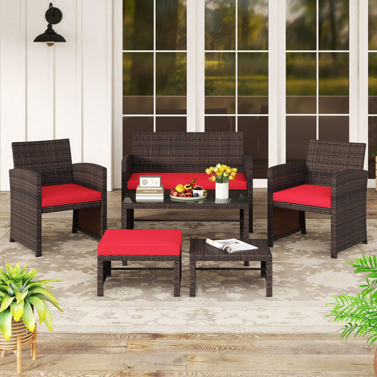 Tangkula 6 Pieces Patio Furniture Set, Outdoor Sectional Conversation PE Rattan Sofa Set with 1 Loveseat, 1 Coffee Table, 2 Armchairs and 2 Ottomans for Garden, Deck, Backyard and Poolside (Red) Tangkula