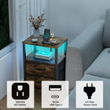TUTOTAK LED End Table with Charging Station, Nightstand with Cloth Drawer, Side Table with Outlets, Set of 2, Couch Table, Brown TB01BB068 TUTOTAK