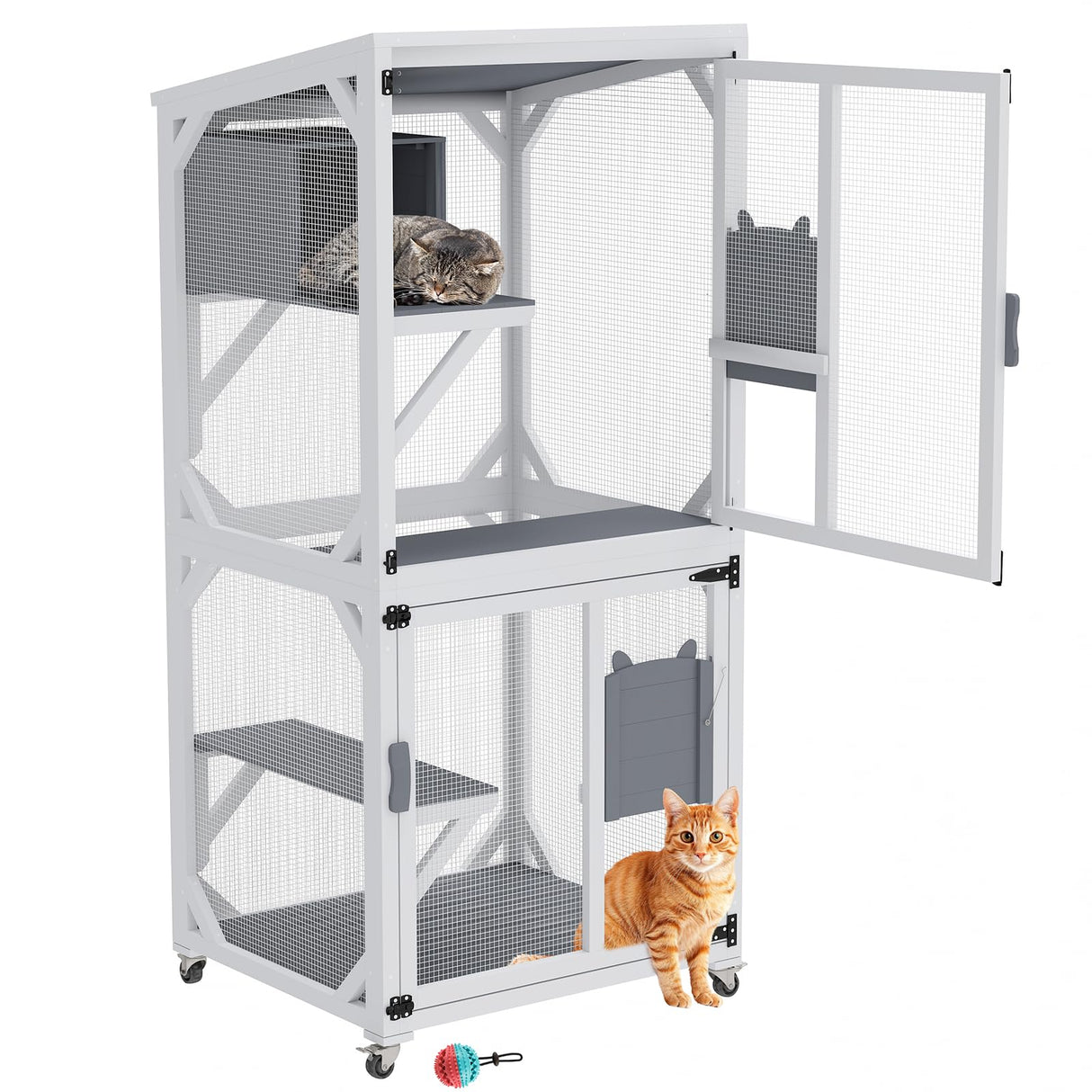 Yafylly Catio Outdoor Cat Enclosure, Cat Condo for Patio, Wooden Movable Cats Cage with 4 Wheels, Outside Cats House Weatherproof, Cats Condo Outdoor with 3 Platforms Yafylly