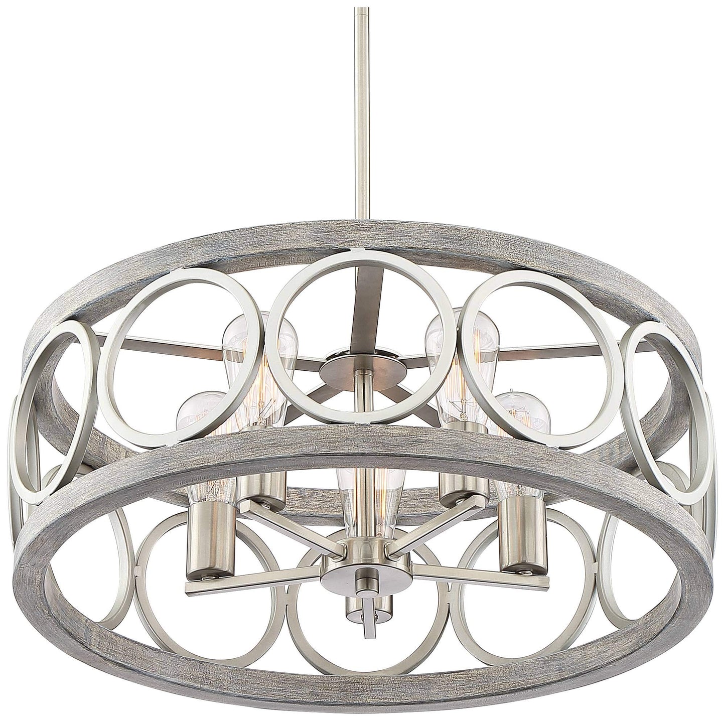 Franklin Iron Works Salima Brushed Nickel Gray Wood Pendant Chandelier Lighting 21 1/4" Wide Farmhouse Rustic Openwork LED 5-Light Fixture for Dining Room Living House Foyer Kitchen Island En - WoodArtSupply