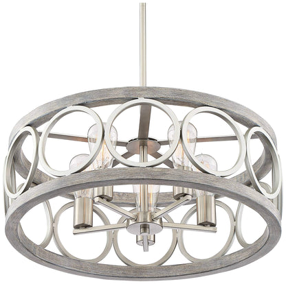 Franklin Iron Works Salima Brushed Nickel Gray Wood Pendant Chandelier Lighting 21 1/4" Wide Farmhouse Rustic Openwork LED 5-Light Fixture for Dining Room Living House Foyer Kitchen Island En - WoodArtSupply