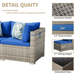 Tradare 7 Piece Patio Furniture Set, Outdoor Wicker Patio Sofa Set, PE Rattan Sectional Couch with Glass Table and Blue Cushions, All-Weather 7 Piece Outdoor Patio Furniture Sets, Grey Tradare