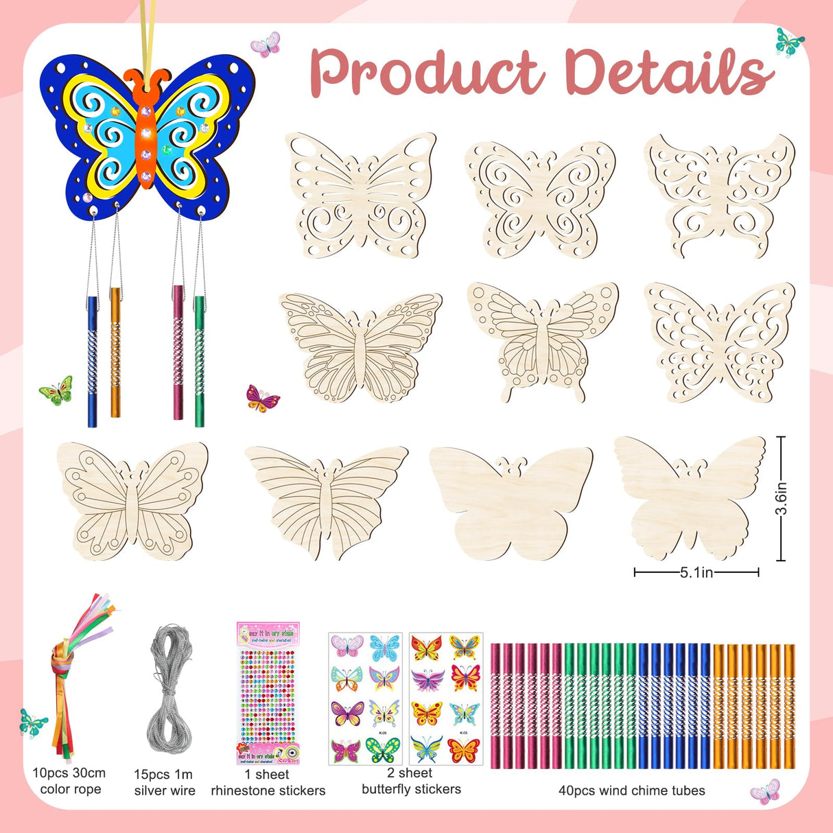 TREACLUB 10 Pack Butterfly Wind Chime Kit for Kids Make Your Own Butterfly Wind Chime Wooden Crafts DIY Make a Wind Chime Kit DIY Coloring Butterfly Ornaments for Girls Boys TREACLUB