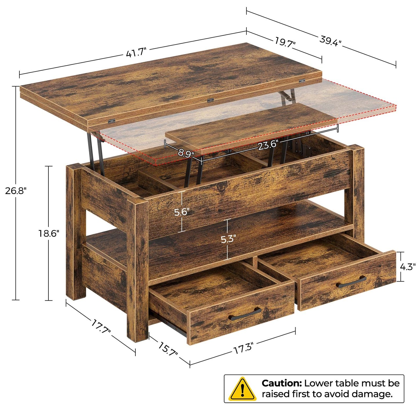 Rolanstar Coffee Table Lift Top, Multi-Function Convertible Coffee Table with Drawers and Hidden Compartment, Coffee Table Converts to Dining Table for Living Room, Home Office, Rustic Brown