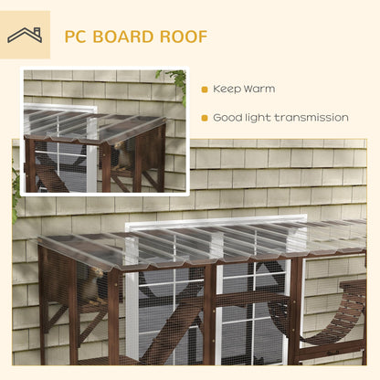 PawHut Catio Playground Cat Window Box Outside Enclosure, Outdoor Cat House with Weather Protection Roof for Multiple Kitties, Wooden Frame, Shelves & Bridges, 118" x 37.5" x 74", Coffee Brow - WoodArtSupply