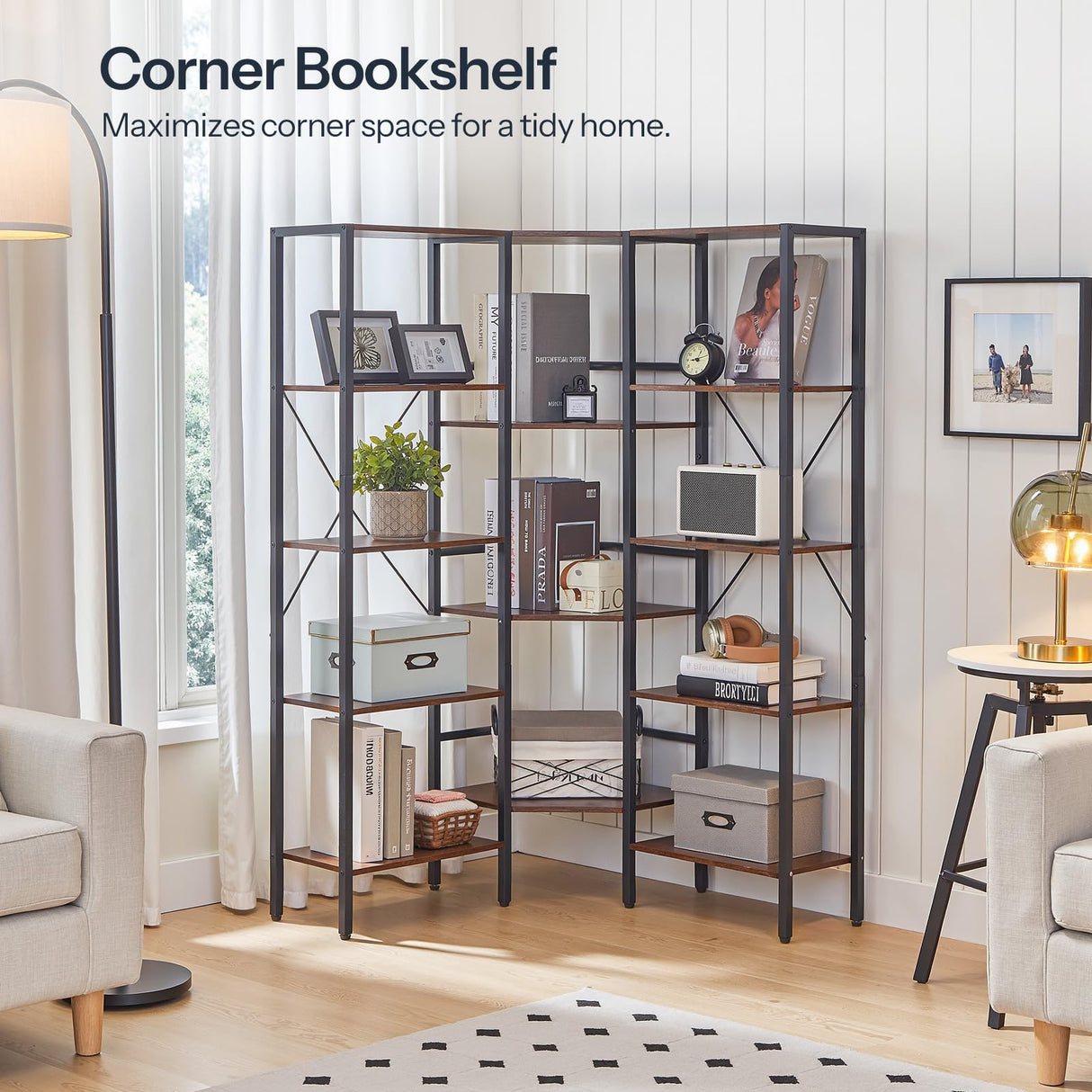 HOOBRO Industrial Corner Bookshelf, 5-Tier L-Shaped Bookcase, Open Display Storage Rack, Floor Standing Storage Shelf, for Living Room, Bedroom, Home Office, Rustic Brown and Black BF68SJ01 HOOBRO