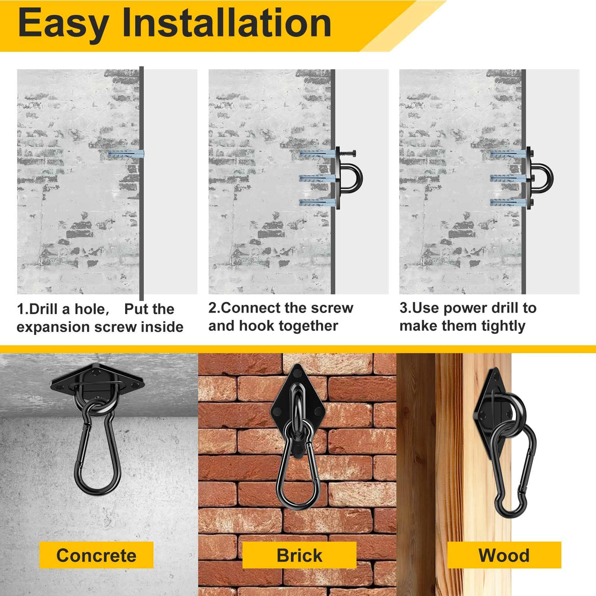 Morzejar 1700 lb Capacity Hammock Hanging Kit Heavy Duty Hammock Hooks for Swing Hanging Brackets, M10 Black Rust-Resistant Swing Hook Hardware for Indoor/Outdoor - Ceiling Wall Hooks (20PCS) Morzejar