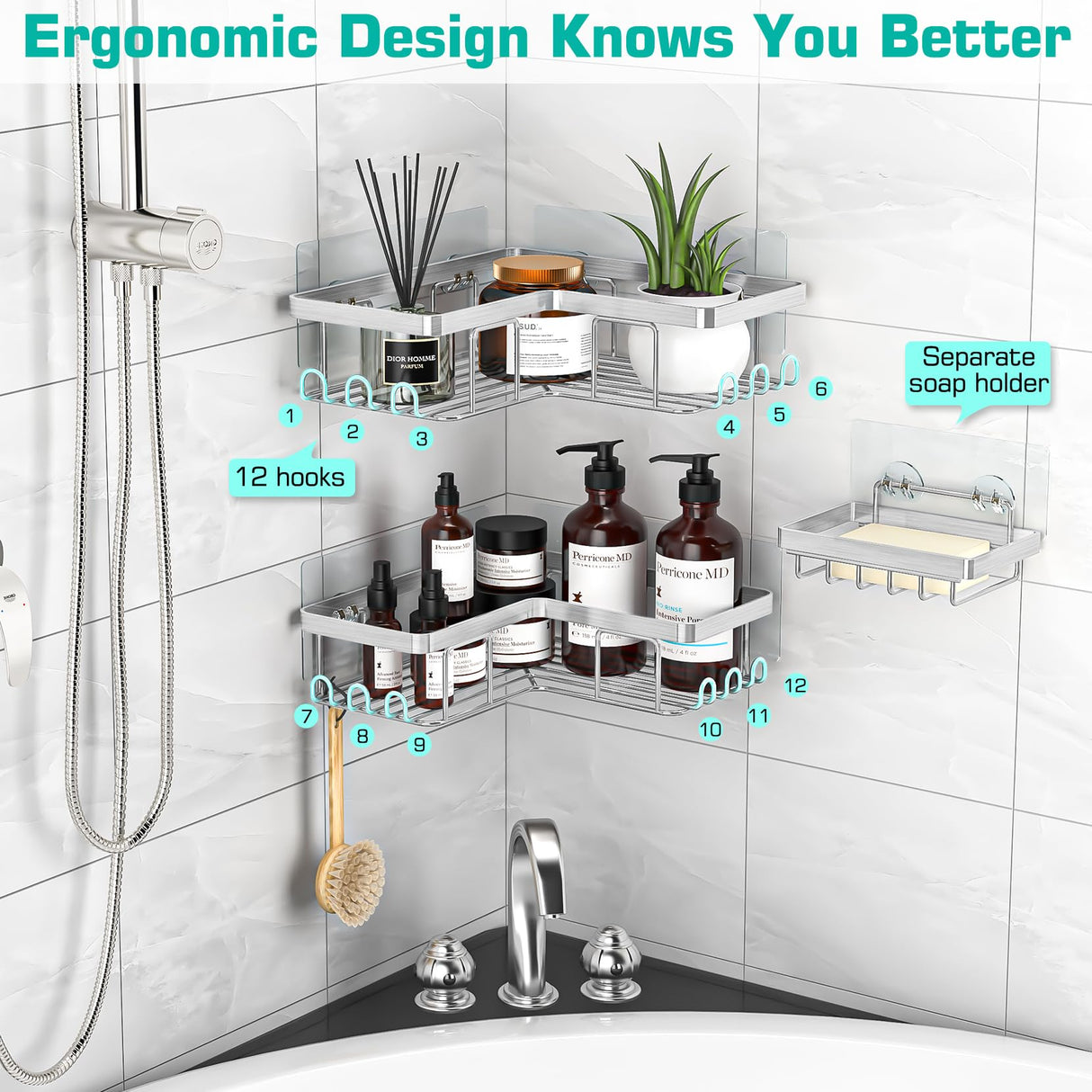 YASONIC Corner Shower Caddy, 3-Pack Adhesive Bathroom Caddy with Soap Holder and 12 Hooks, Rustproof Stainless Steel Shower Organizer, No Drilling Wall Mounted Shower Rack, Brushed Silver YASONIC