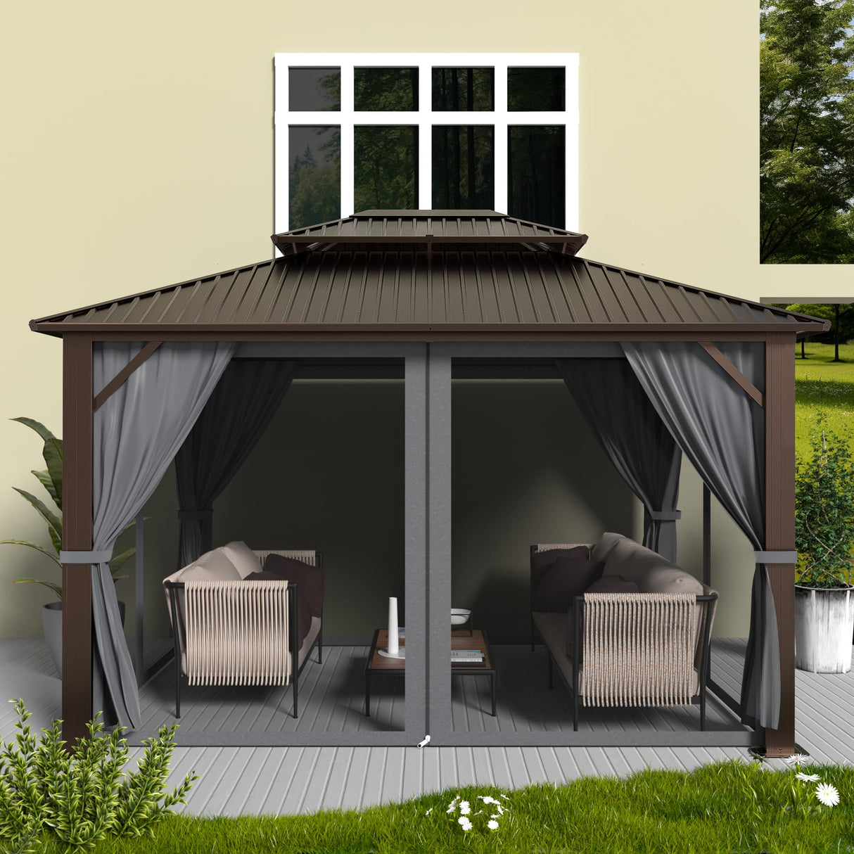 Sumshadow 10' x 12' Hardtop Gazebo, Aluminum Frame Canopy with Galvanized Steel Double Roof, Metal Pavilion with Netting and Curtains, Patio Hard Top Gazebo for Patio, Lawns, Deck, Backyard,Grey Sumshadow