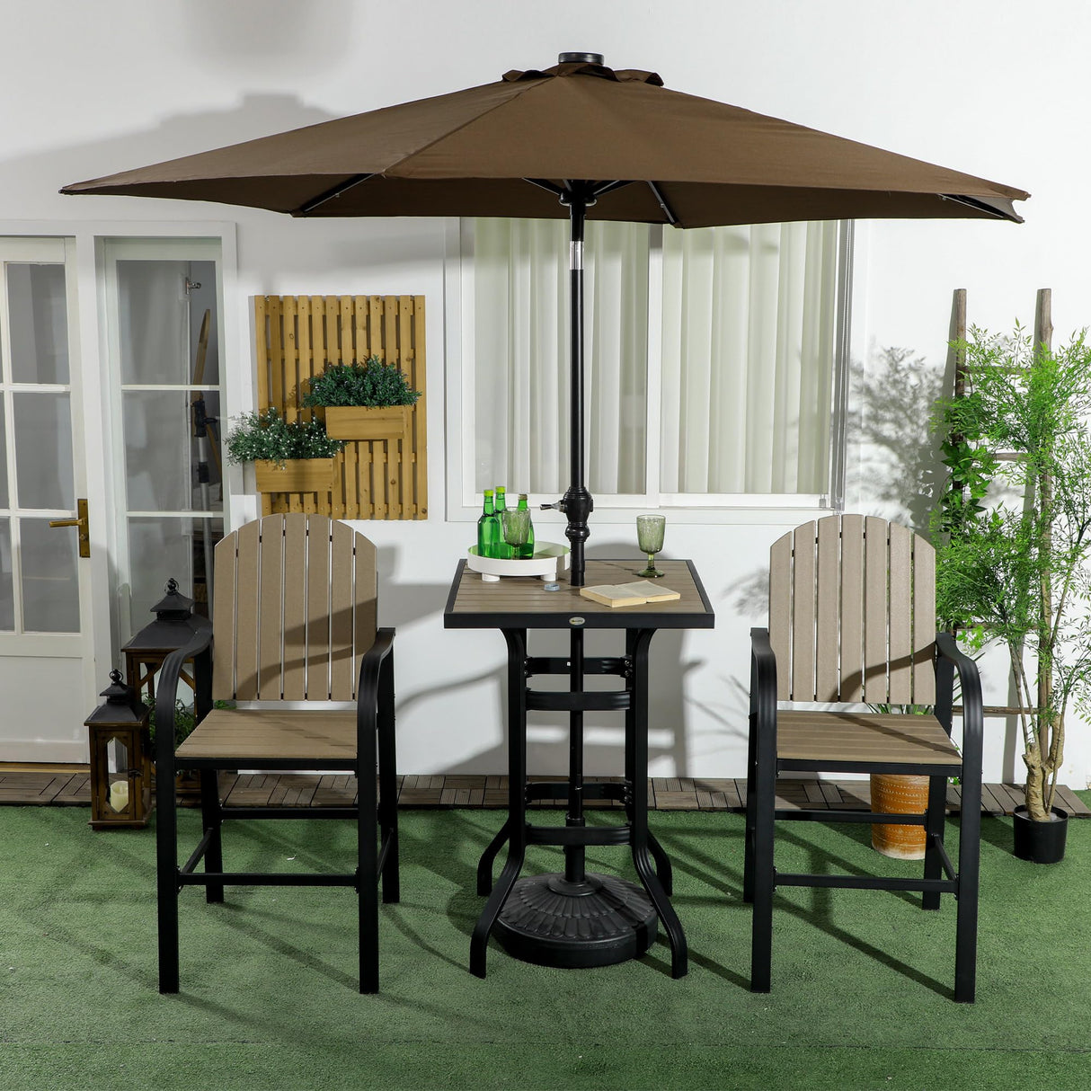 Outsunny 3 Piece Patio Bar Set, Outdoor High Top Table and Chairs Set with Umbrella Hole, Aluminum Frame Bistro Set for Lawn, Garden, Balcony Outsunny