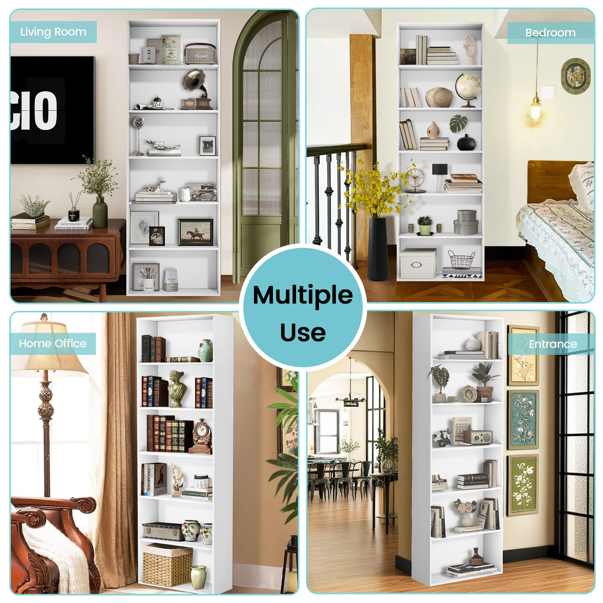 GRUSIGN 71" Tall Bookcase, 6-Tier Open Display Storage Shelves, Floor Standing Large Book Shelf for Living Room, Home Office, Bed Room, White GRUSIGN