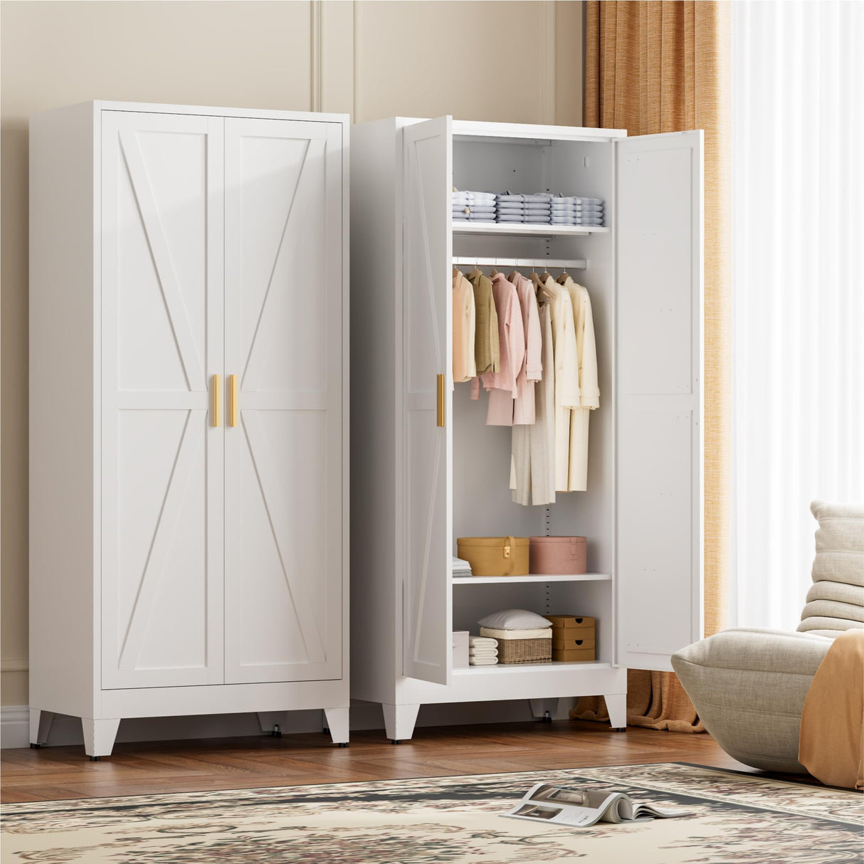 LCAOPC 71" Tall Metal Wardrobe Closet with Adjustable Shelves and Hanging Rod, 2 Doors Free Standing Armoire Wardrobe Cabinet for Bedroom, Office, Laundry Room, White LCAOPC