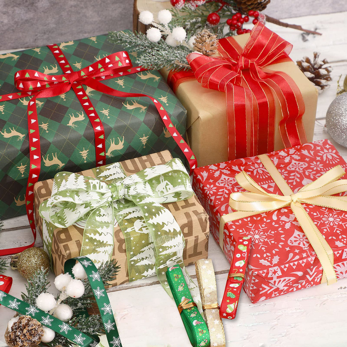 SANNIX 20 Pieces 3 Size Christmas Ribbons for Craft Holiday Printed Grosgrain Organza Satin Ribbons Metallic Glitter Fabric Ribbons Bulk Gift Wrapping Bow(20x2yd) SANNIX