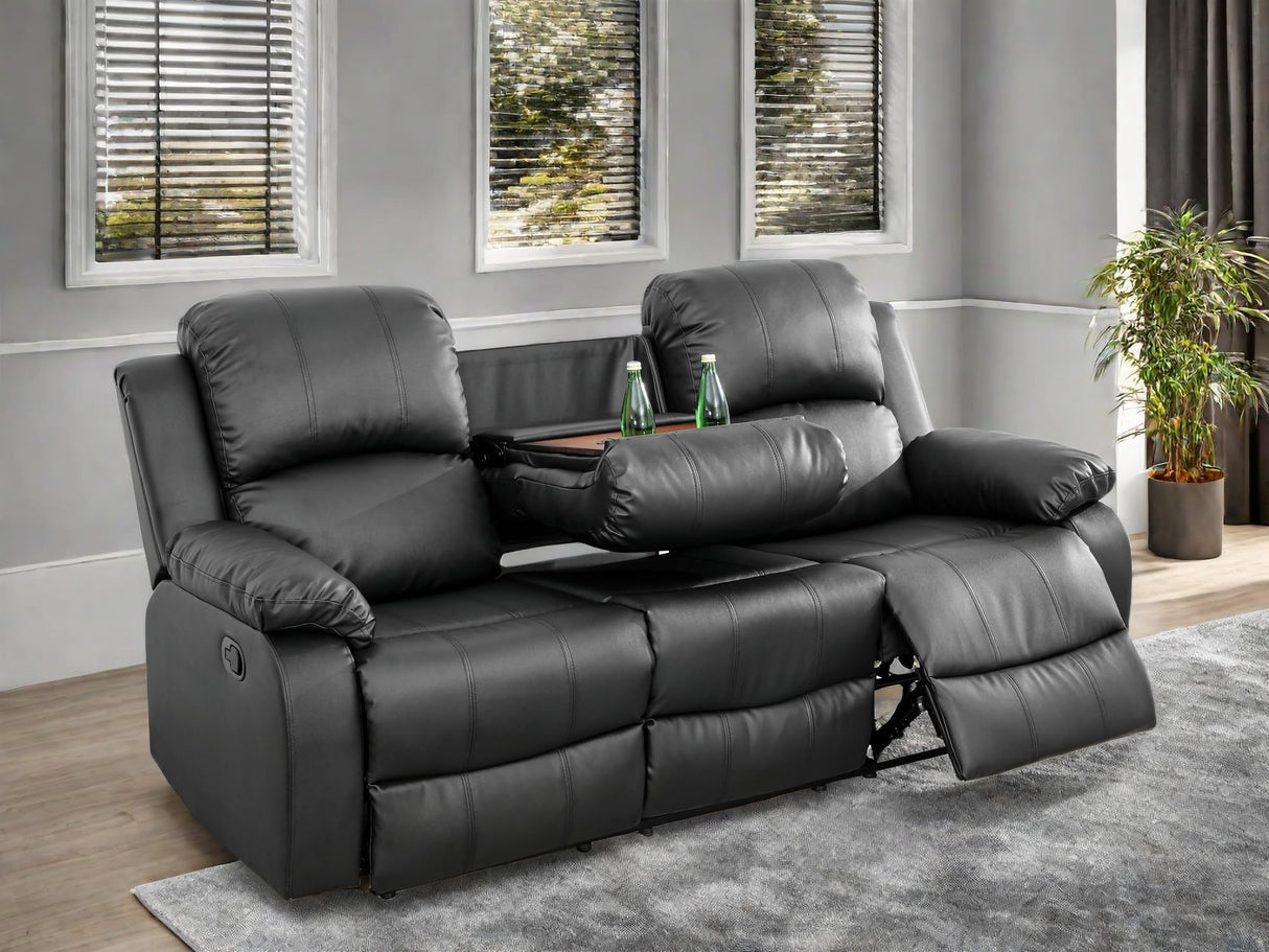 FONTOI Leather Recliner Sofa Couch, 3-Seater Home Theater Seating Reclining Sofa, Power Reclining Couch with Cup Holders & Drop Down Table for Living Room Furniture Sets, Black FONTOI