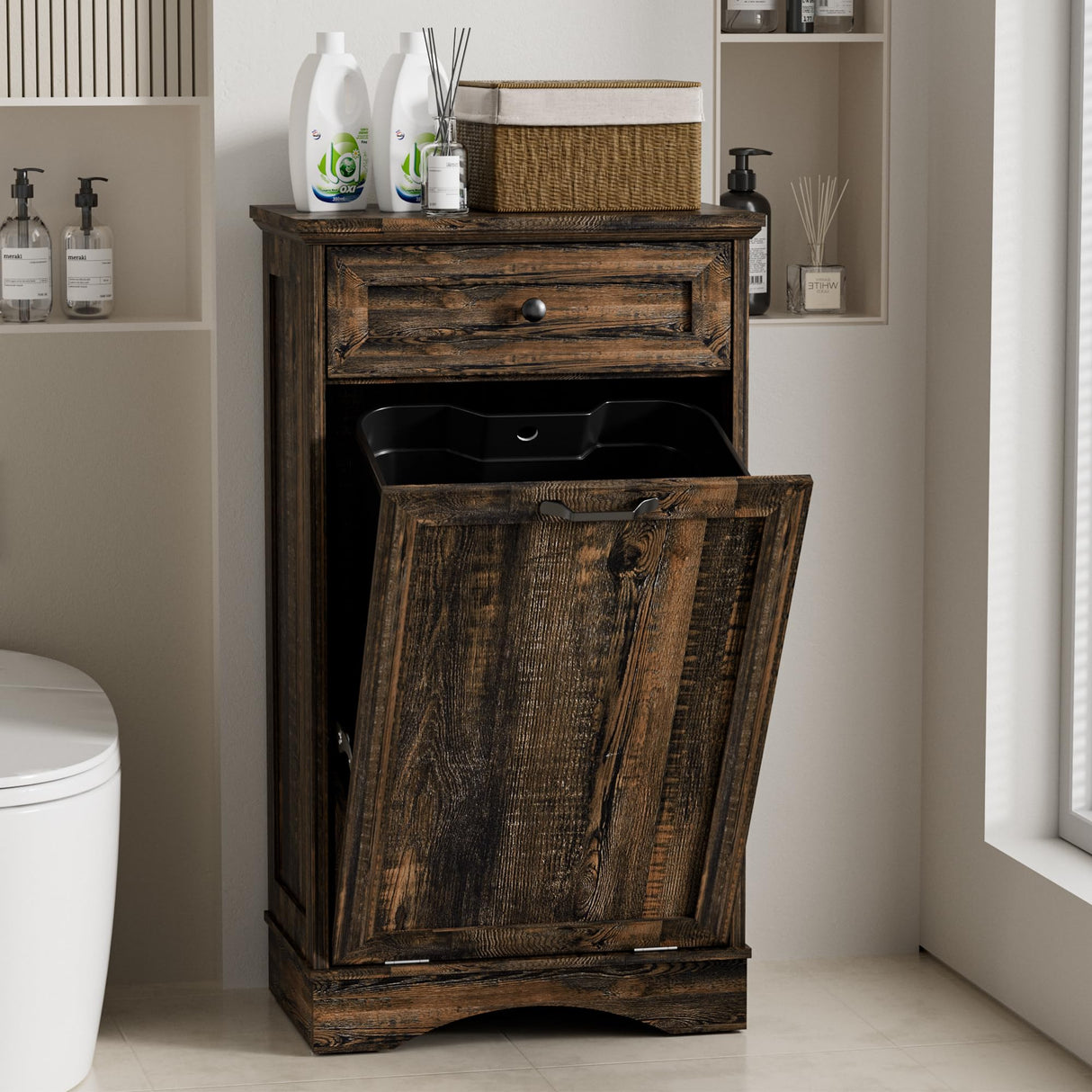 Ancohom Tilt Out Trash Cabinet 13 Gallon Wooden FreeStanding Waste Bins with Hideaway Drawer,Kitchen Island with Trash Can Storage(Rustic Black) Ancohom