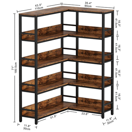 IRONCK Vintage Brown 5-Tier Industrial Corner Bookshelf with Baffles and Metal Frame for Home and Office Storage IRONCK