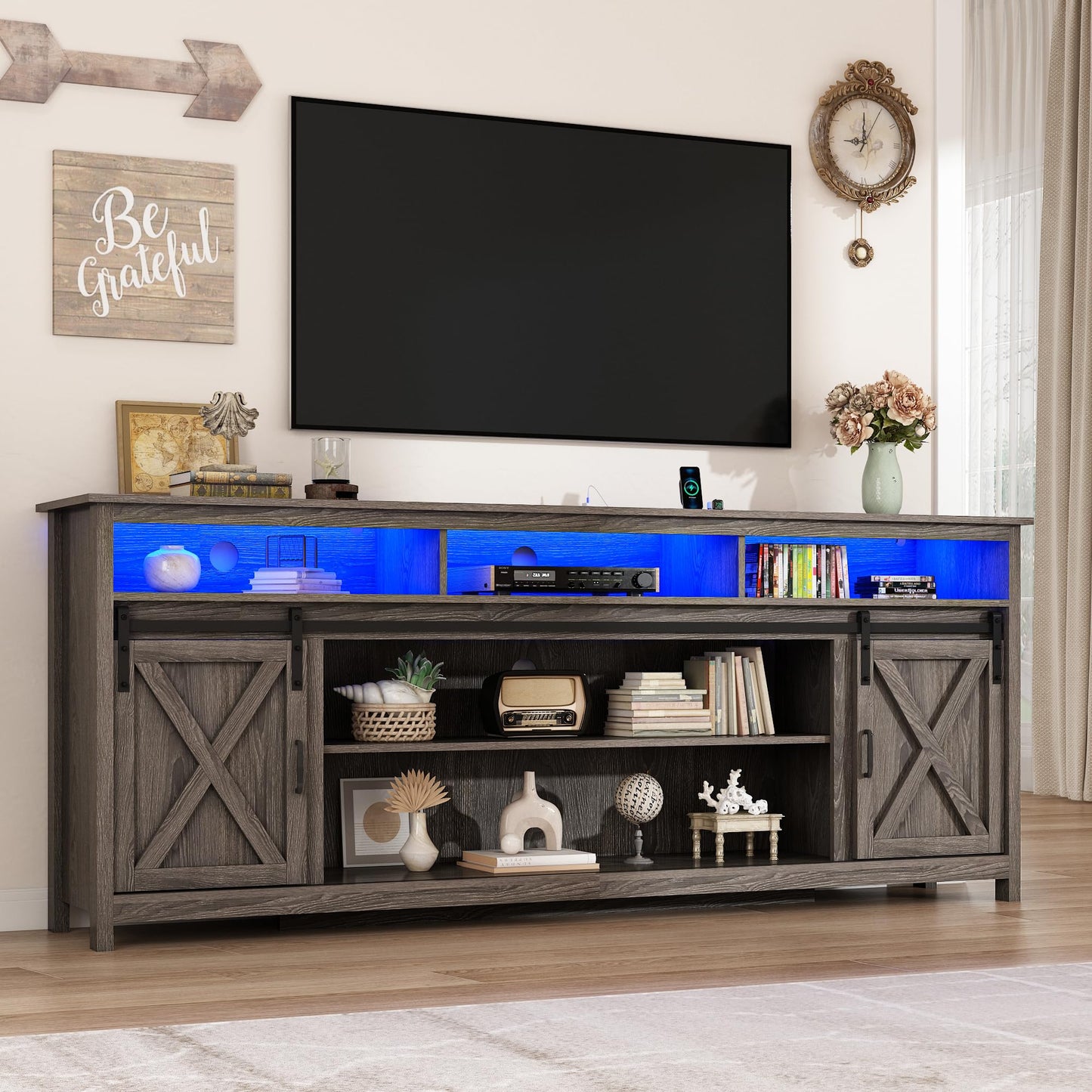 80" LED Farmhouse TV Stand for 90/85/80 Inch TVs,Tall Entertainment Center Storage Cabinets w/Power Outlets and Sliding Barn Door,Rustic TV Stands for Living Room,Media Console Cabinet (Charcoal)