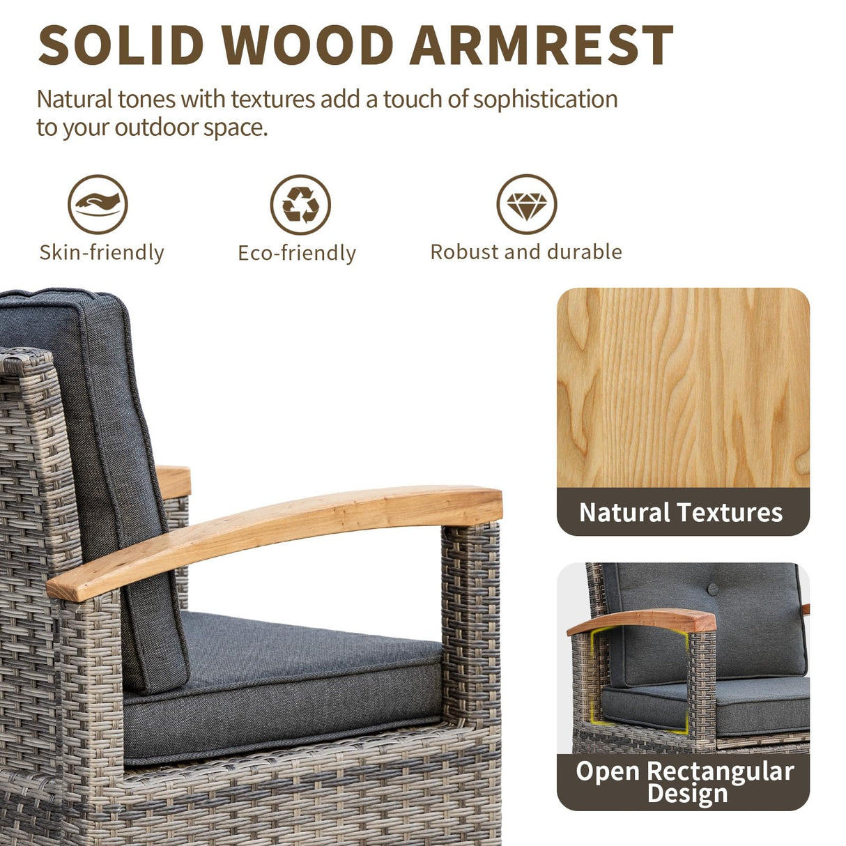 MEISSALIVVE 9-Piece Outdoor Patio Furniture Set, Half-Moon Curved Sectional Set with Wood Armrests, Patio Conversation Set, Tempered Glass Coffee & Side Tables (Grey) MEISSALIVVE