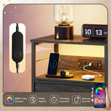 WLIVE LED Nightstand with Charging Station, Night Stand with 3 Fabric Drawers and Storage Shelf, Small Dresser for Small Space, 31.9" H Bedside Table for Bedroom, Charcoal Black Wood Grain Print WLIVE