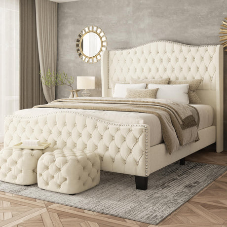 SwnftWinnt King Size Bed Frame with Tall Headboard Upholstered Bed Frame King Platform Bed Luxury Wingback Headback No Box Spring Needed, Mattress Foundation, Easy Assembly-Beige SwnftWinnt