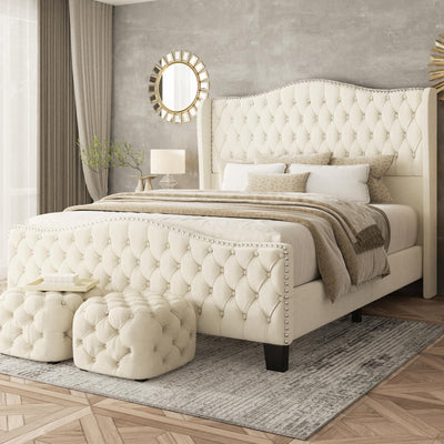 SwnftWinnt King Size Bed Frame with Tall Headboard Upholstered Bed Frame King Platform Bed Luxury Wingback Headback No Box Spring Needed, Mattress Foundation, Easy Assembly-Beige