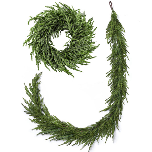 ENVEN Real Touch Norfolk Pine Christmas Garland and Wreath Set, 24IN Green Wreath and 9FT Christmas Garland Artificial Faux Greenery Norfolk Pine for Holiday Indoor Mantle Decor