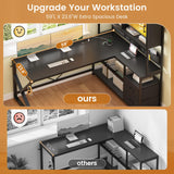 SEDETA L Shaped Gaming Desk, Home Office Computer Desk with 2 Drawer and Bookshelf, L Shaped Gaming Desk with LED Light, Glass Cabinet and Storage Bag, Corner Desk with Storage Shelves, Black SEDETA