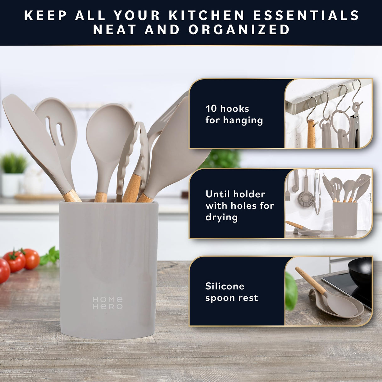 Home Hero 33 Pcs Kitchen Cooking Utensils Set, Non-Stick Silicone Cooking Kitchen Utensils Spatula Set with Holder, Wooden Handle Silicone Kitchen Gadgets Utensil Set (33 Pcs - Khaki) Home Hero