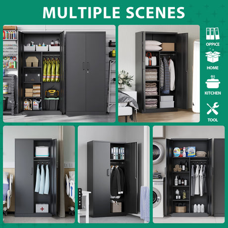 Letaya Metal Storage Cabinets Locker with Lock Door, 72'' Clothing Coat Steel Storage Freestanding Wardrobe for Office, Home, School, Employee,Gym,Fire Department (Black) Letaya