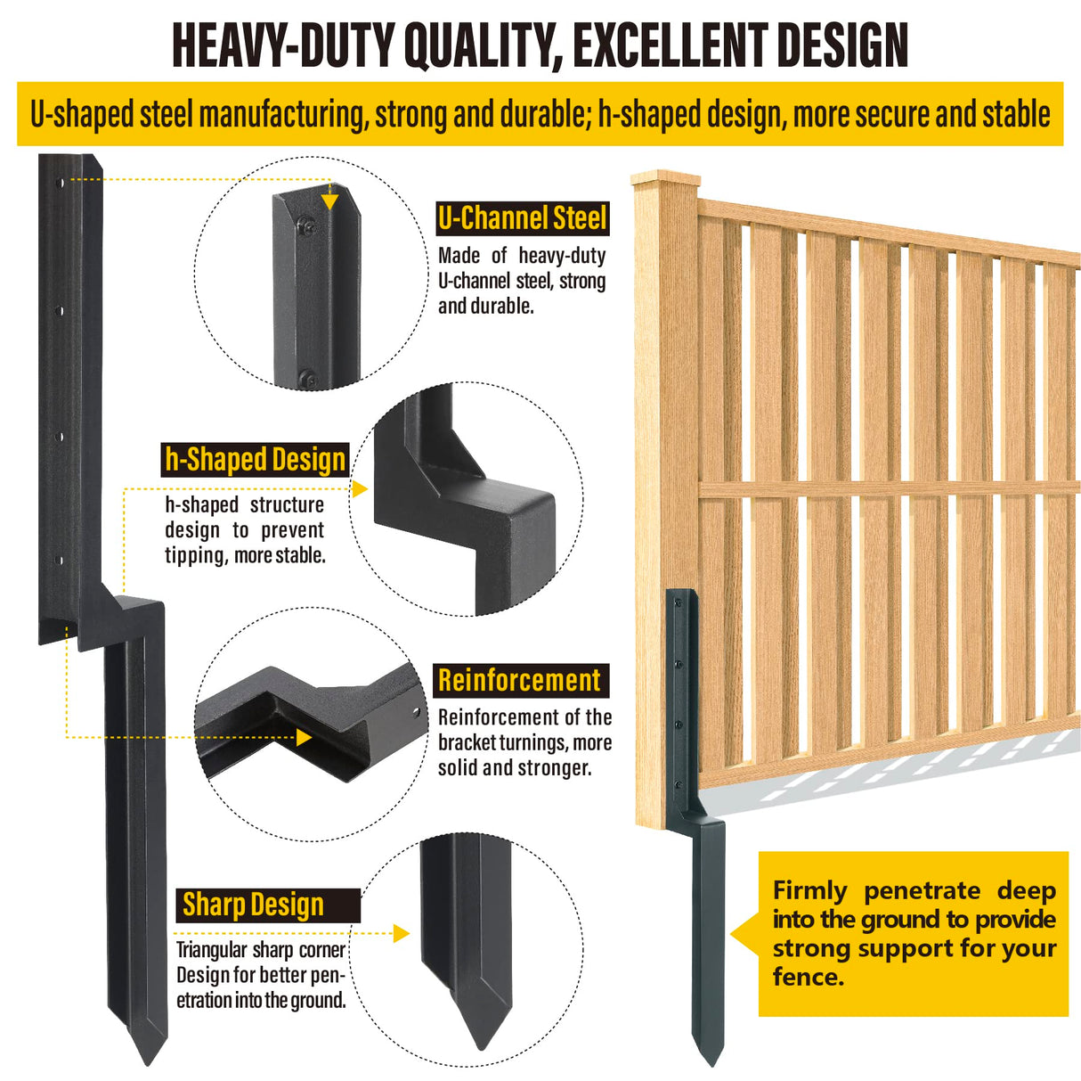 Epcee Heavy Duty Steel Fence Post Repair Stakes, Anchor Ground Spike, for Repair Tilted/Broken Wood Fence Post (1 Pack/Black） Epcee