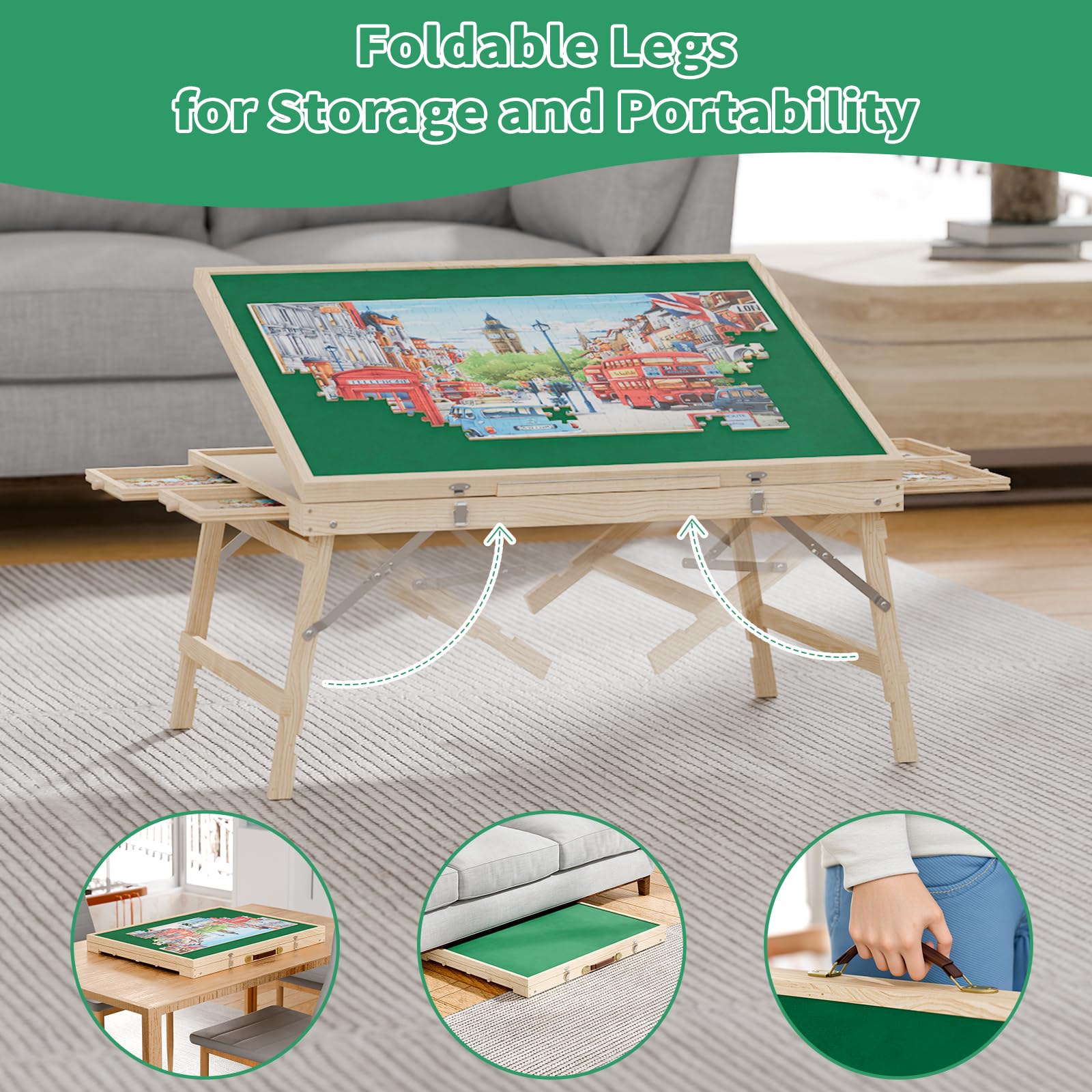 Puzzle Table with Drawers for Adults - Jigsaw Puzzle Table with Rotating 1500 Piece Puzzle Board, Portable Puzzle Table with Foldable Legs, Tilting Puzzle Board with Cover, Present for Puzzle - WoodArtSupply