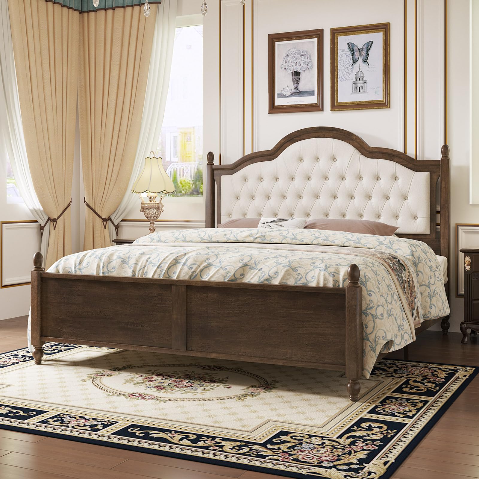 LUXOAK Queen Size Solid Wood Bed Frame with Upholstered Camelback Headboard - WoodArtSupply