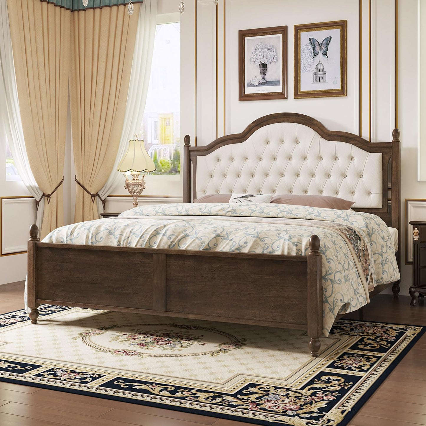 LUXOAK King Size Solid Wood Bed Frame with Upholstered Camelback Headboard, Easy Assembly in Walnut - WoodArtSupply