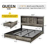 VanAcc Rustic Grey Queen Size Wooden Platform Bed Frame with Bookcase Headboard & Storage Drawers VanAcc