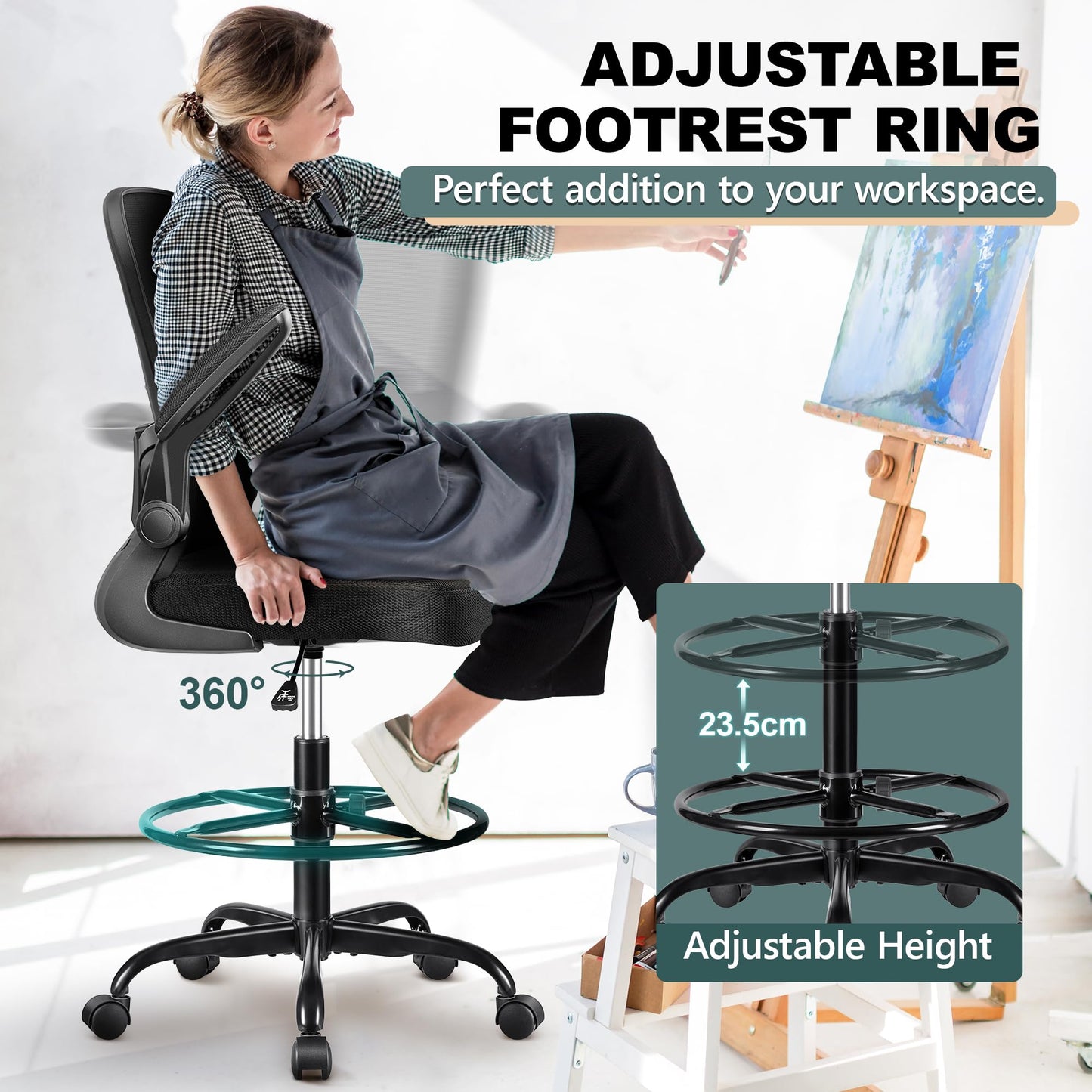 FelixKing Drafting Chair Ergonomic Tall Office Chair, Breathable Mesh Chair with Adjustable Footrest Ring Lumbar Support Flip-up Armrests, High Back Executive Comfy Task Computer Chair for Home Office