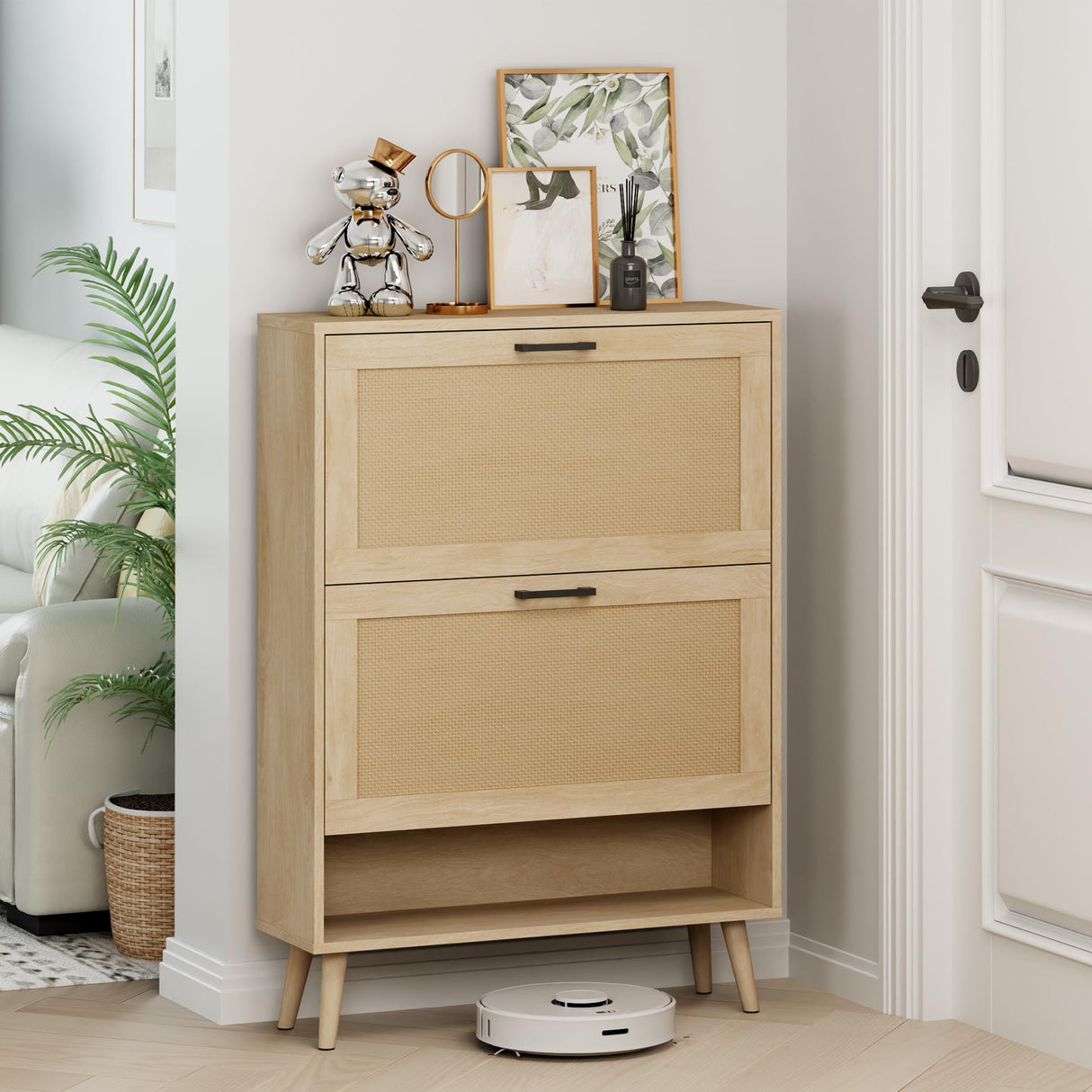 Gadroad Shoe Storage Cabinet with 2 Flip Drawers, Freestanding Hidden Shoe Organizer with Wood Legs, Farmhouse Narrow Shoe Rack for Entryway, Living Room, and Bedroom (Natural) Gadroad