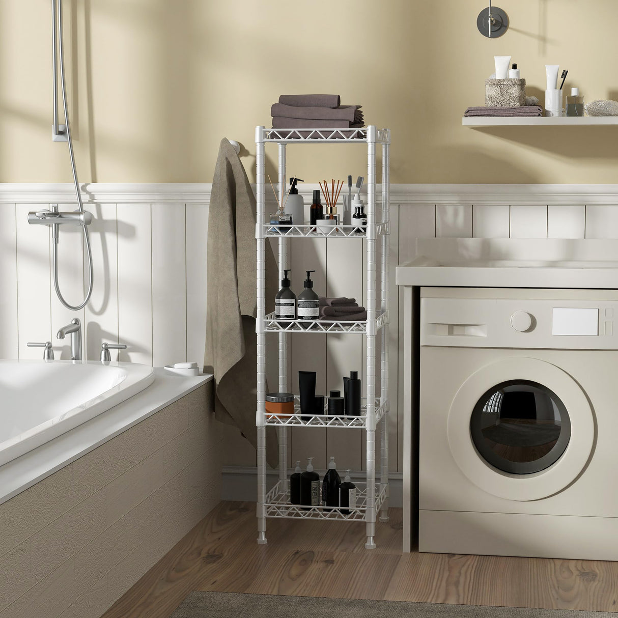 GIOTORENT 5 Tier Standing Shelving Metal Units, Adjustable Height Wire Shelf Display Rack for Laundry Bathroom Kitchen 11.8 W x 11.8 D x 50 H (5-Tier, White) GIOTORENT