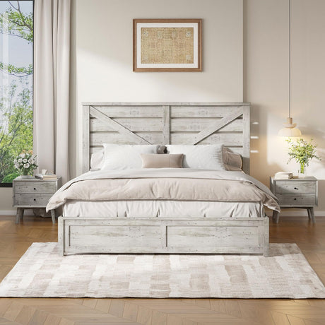 LUXOAK King Size Farmhouse Wooden Bed Frame, Platform Bed Frame with 49.2" Headboard/Noisy Free/No Box Spring Needed/Easy Assembly/Distressed White LUXOAK