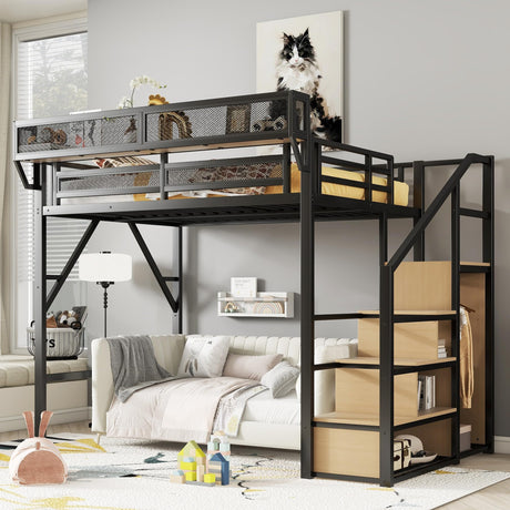 KEIKI Full Size Metal Loft Bed Frame with Convertible Staircase, Built-in Storage Shelves & Wardrobe, Loft Bed with Solid Slats & Guardrail, No Box Spring Required, Easy Assembly, for Bedroom, Black KEIKI