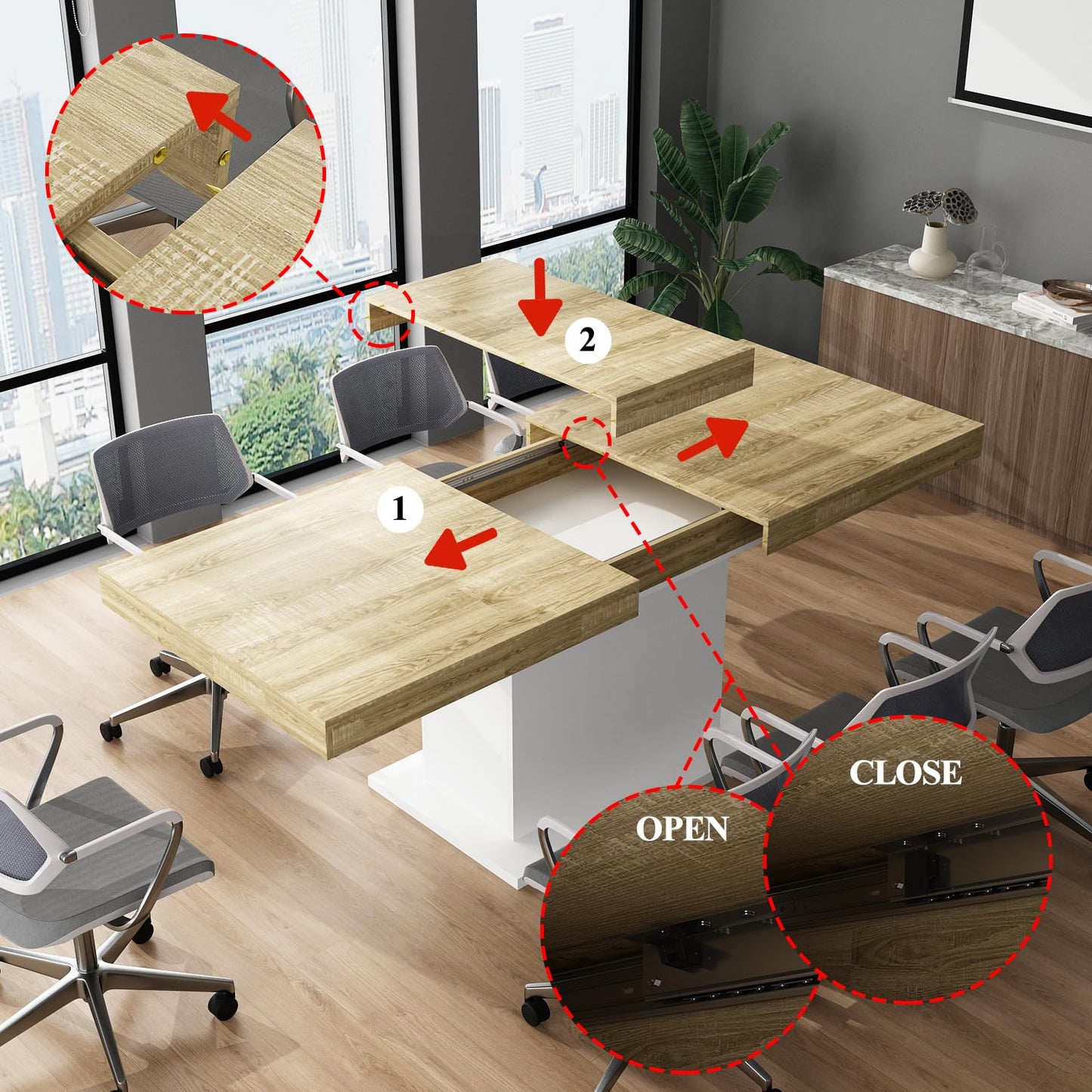 WOODTIME Extendable Conference Table for 6-8 People, 63" to 78.7" Rectangle Meeting Seminar Table for Office Conference Room, White & Brown - WoodArtSupply